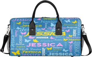 Personalized Sport Duffel Bag with Name, Colorful Butterflies Design Custom Weekender Bag Sleepover Bags for Dance Ballet Gymnastics, Cobalt Blue