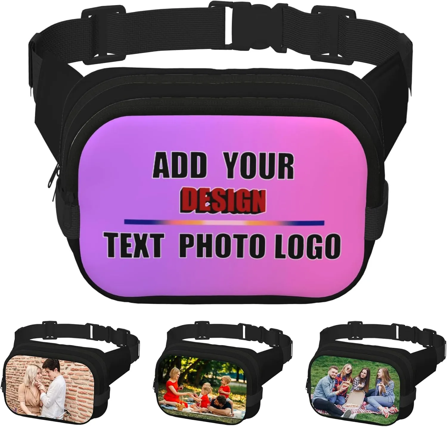 Personalized Sports Belt Bag Custom Fanny Pack with Logo Text Photo Lightweight Secure for Hiking Gym Everyday Use