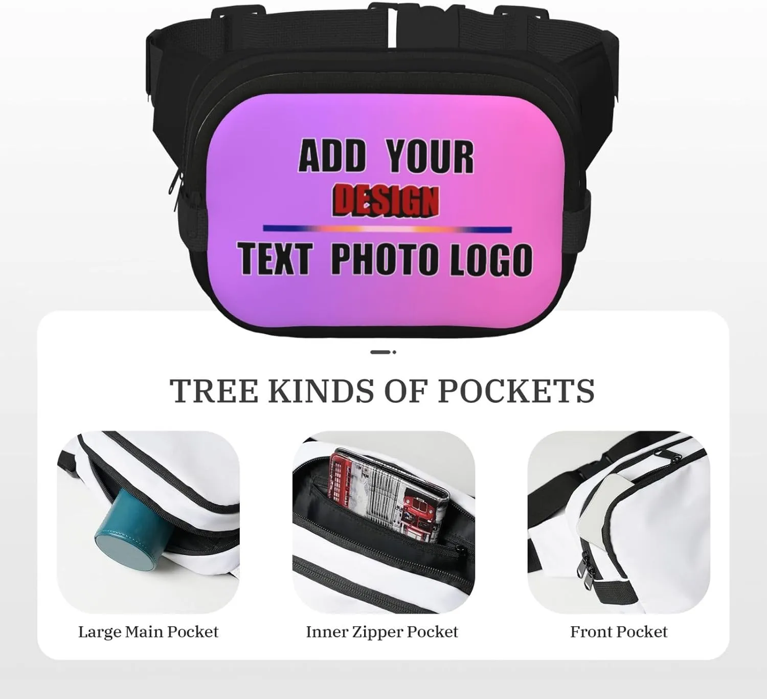 Personalized Sports Belt Bag Custom Fanny Pack with Logo Text Photo Lightweight Secure for Hiking Gym Everyday Use