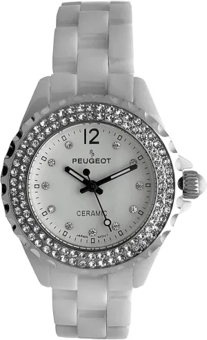 Peugeot Women Ceramic Wrist Watch with Crystal Bezel and Link Bracelet