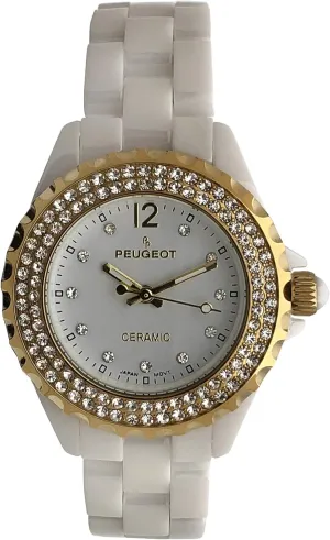 Peugeot Women Ceramic Wrist Watch with Crystal Bezel and Link Bracelet