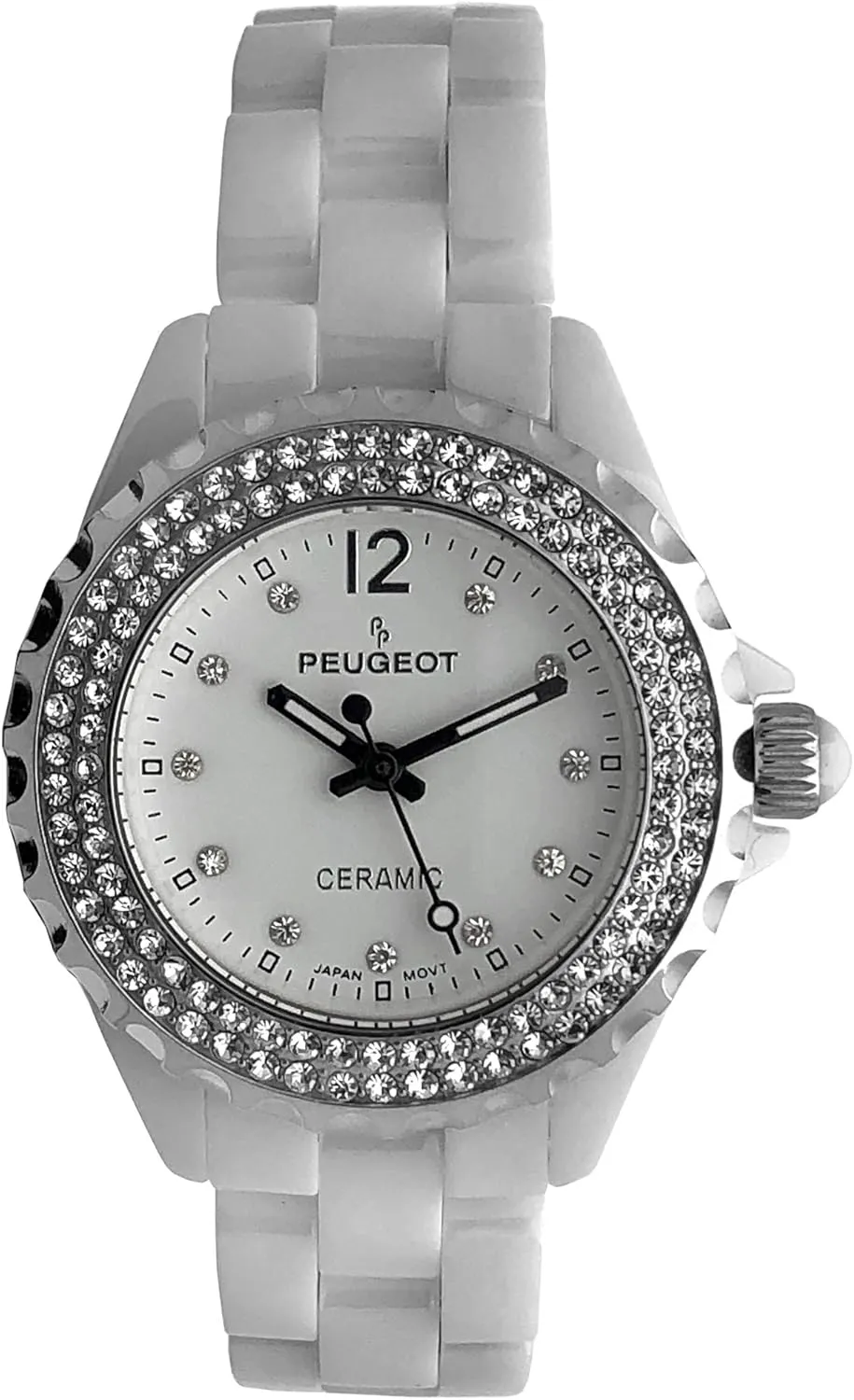 Peugeot Women Ceramic Wrist Watch with Crystal Bezel and Link Bracelet