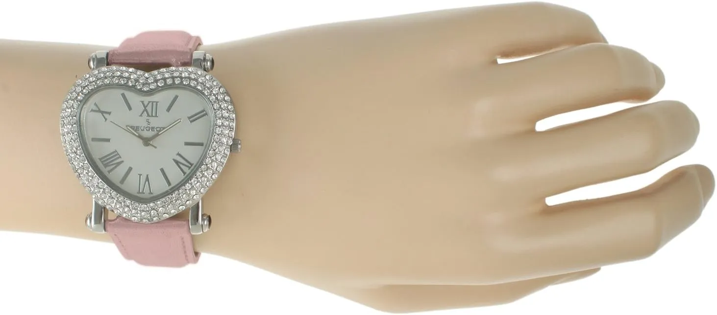 Peugeot Womens Heart Shaped Wrist Watch with Crystal Studded Case & Leather Strap