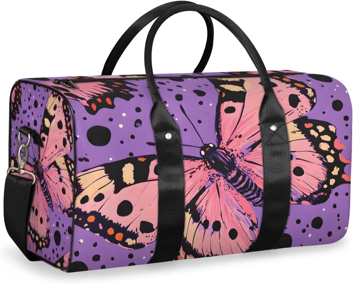 Pink Butterfly Travel Duffle Bag for Women Men Gym Duffel Foldable Bag Waterproof Weekender Black Dot Duffle Tote