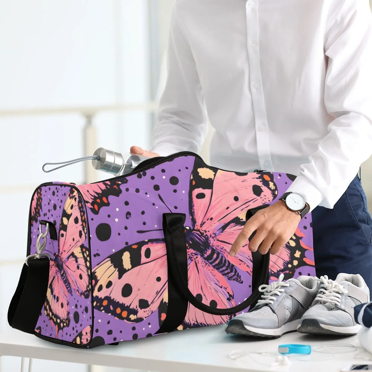 Pink Butterfly Travel Duffle Bag for Women Men Gym Duffel Foldable Bag Waterproof Weekender Black Dot Duffle Tote