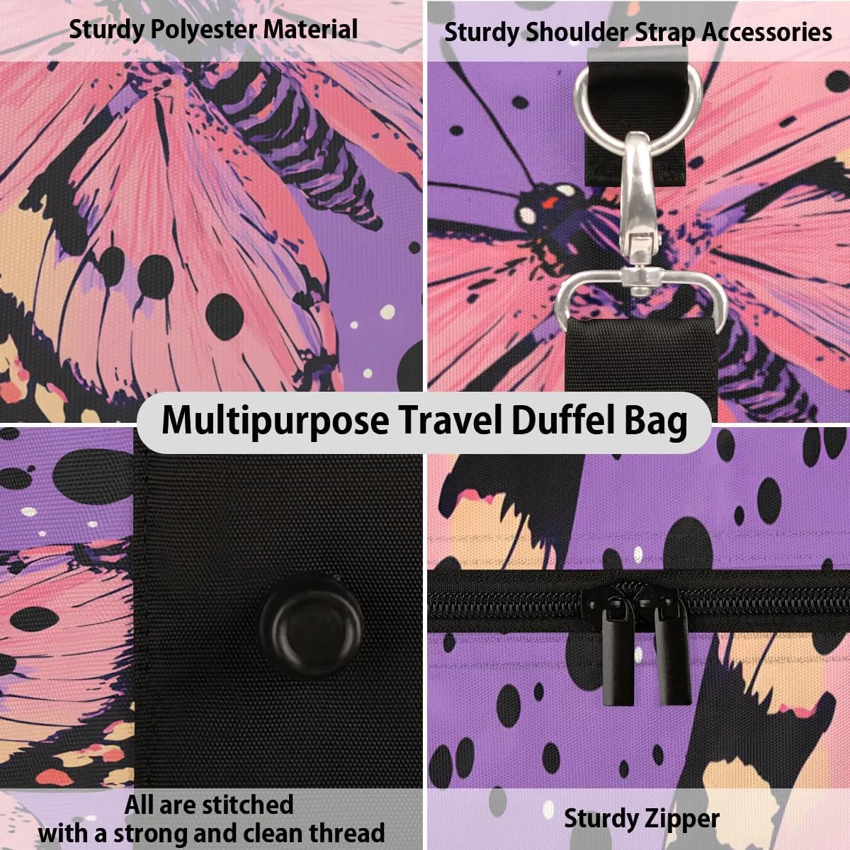 Pink Butterfly Travel Duffle Bag for Women Men Gym Duffel Foldable Bag Waterproof Weekender Black Dot Duffle Tote