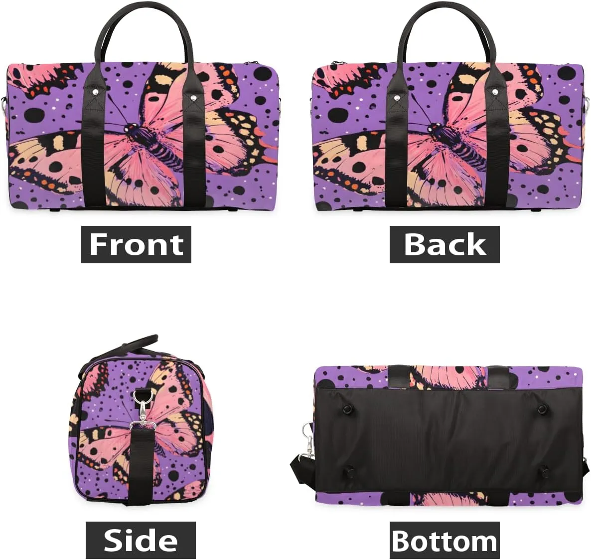 Pink Butterfly Travel Duffle Bag for Women Men Gym Duffel Foldable Bag Waterproof Weekender Black Dot Duffle Tote