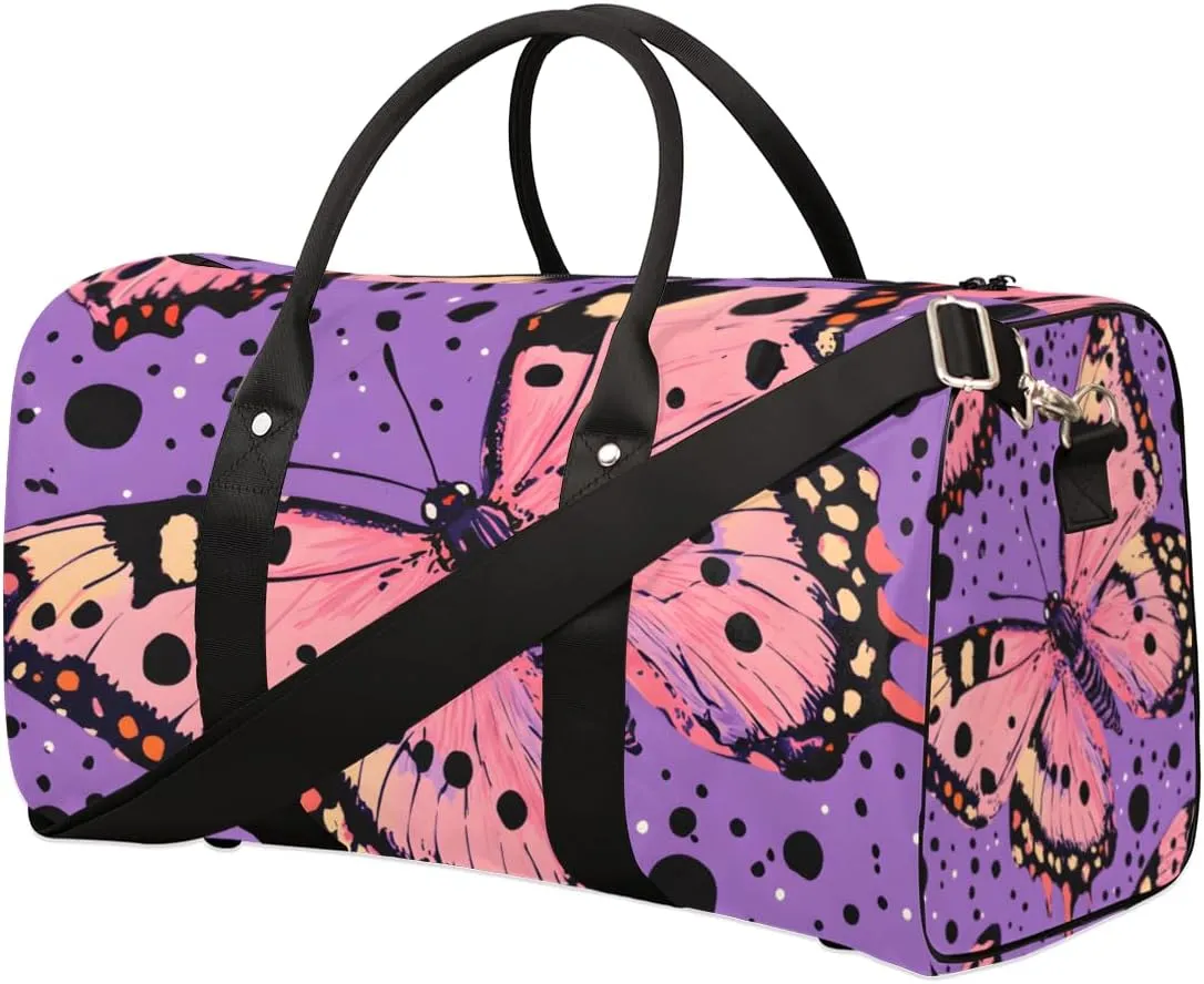 Pink Butterfly Travel Duffle Bag for Women Men Gym Duffel Foldable Bag Waterproof Weekender Black Dot Duffle Tote