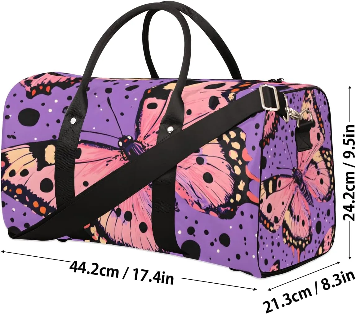 Pink Butterfly Travel Duffle Bag for Women Men Gym Duffel Foldable Bag Waterproof Weekender Black Dot Duffle Tote