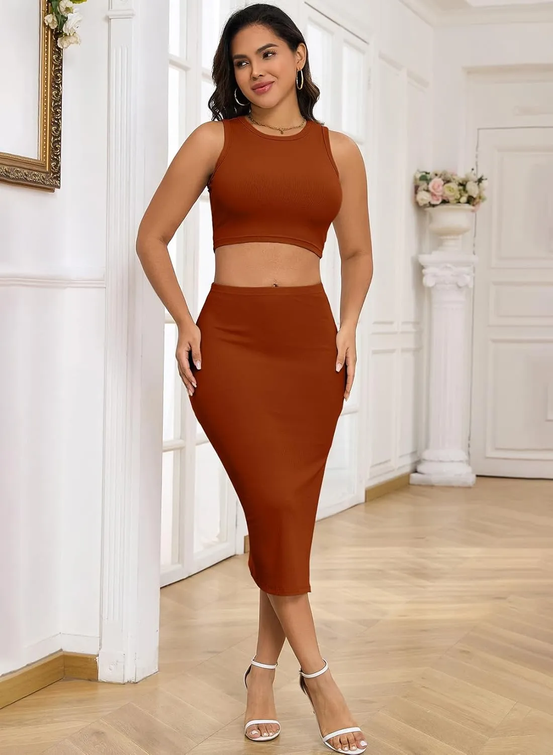 Pink Queen Women's 2 Piece Crew Neck Sleeveless Ribbed Tank Top Bodycon Slit Midi Skirt Outfit Dress Set