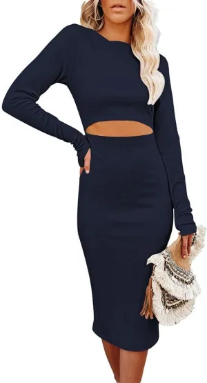 Pink Queen Womens Knit Dress Crew Neck Long Sleeve Sexy Bodycon Cutout Midi Dresses