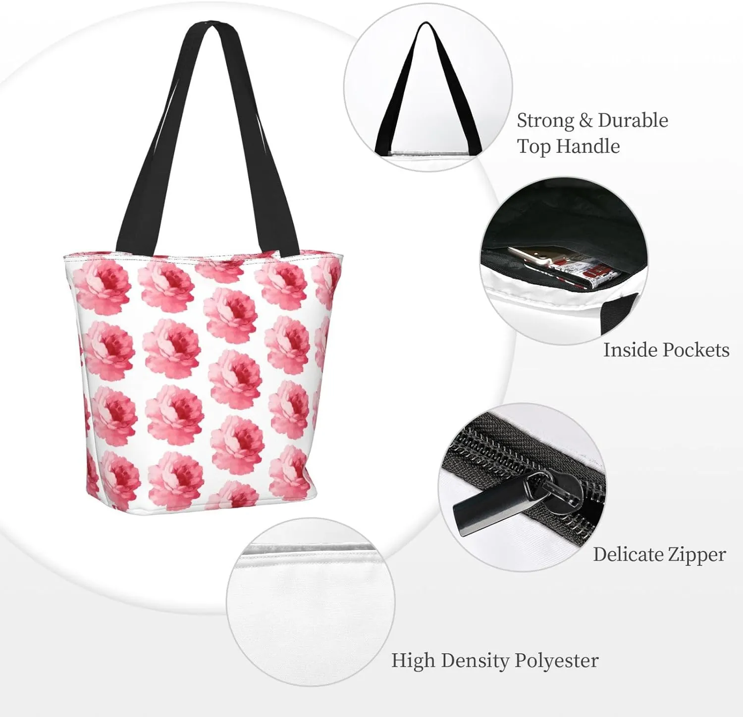 Pink Roses Tote Bag Women Reusable Shopping Bags Shoulder Bag Portable Storage HandBags