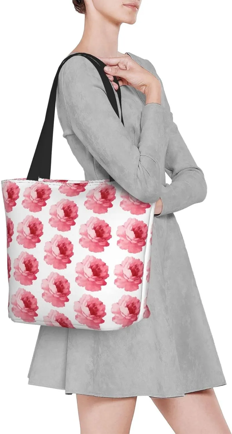 Pink Roses Tote Bag Women Reusable Shopping Bags Shoulder Bag Portable Storage HandBags