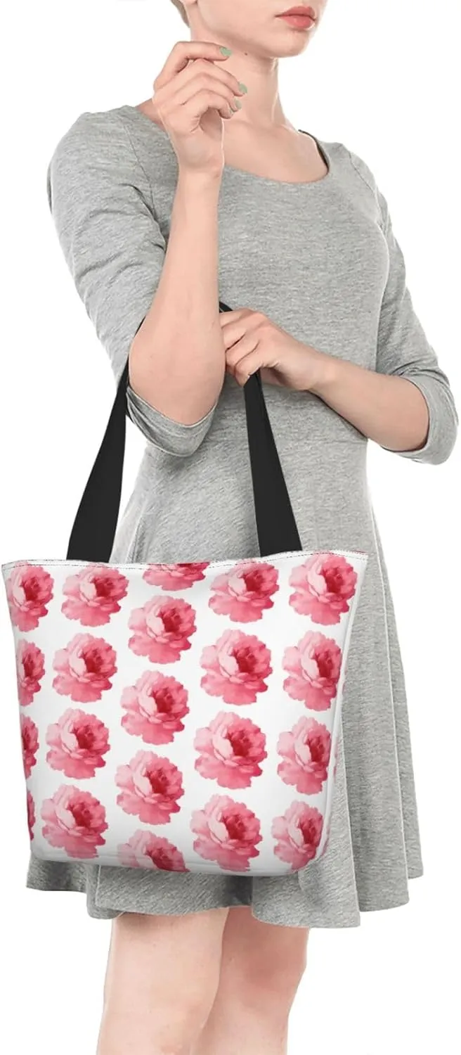 Pink Roses Tote Bag Women Reusable Shopping Bags Shoulder Bag Portable Storage HandBags