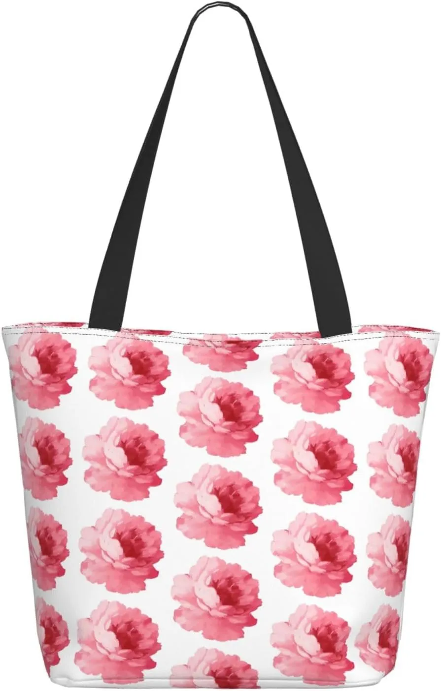 Pink Roses Tote Bag Women Reusable Shopping Bags Shoulder Bag Portable Storage HandBags