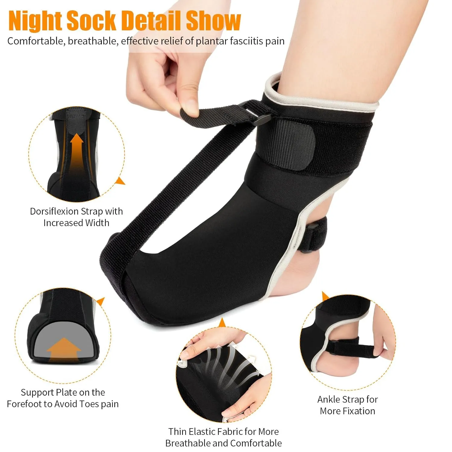Plantar Fasciitis Night Splint Sock Upgraded Plantar Fasciitis Brace for Women Men with Arch Support for Achilles Tendonitis Foot Drop Heel Spur Pain Relief Black (Small)