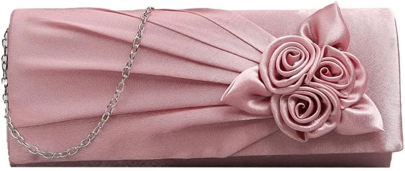 Pleated Satin Floral Evening Purse for Women Chic Soft Handbag Fit for Wedding Dress Ball Gown Formal Dress