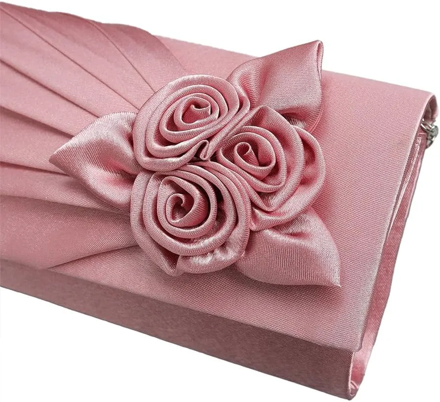Pleated Satin Floral Evening Purse for Women Chic Soft Handbag Fit for Wedding Dress Ball Gown Formal Dress