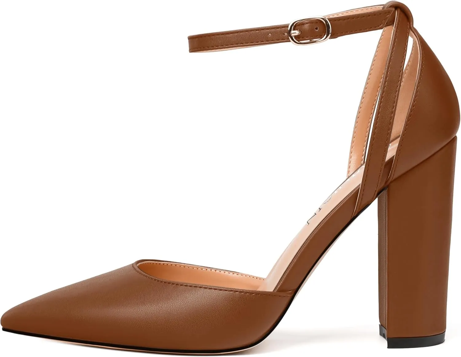 Pointed Toe Pumps - Fashion Ankle Strap Closed Toe Heels, Chunky Heels for Women