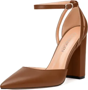 Pointed Toe Pumps - Fashion Ankle Strap Closed Toe Heels, Chunky Heels for Women