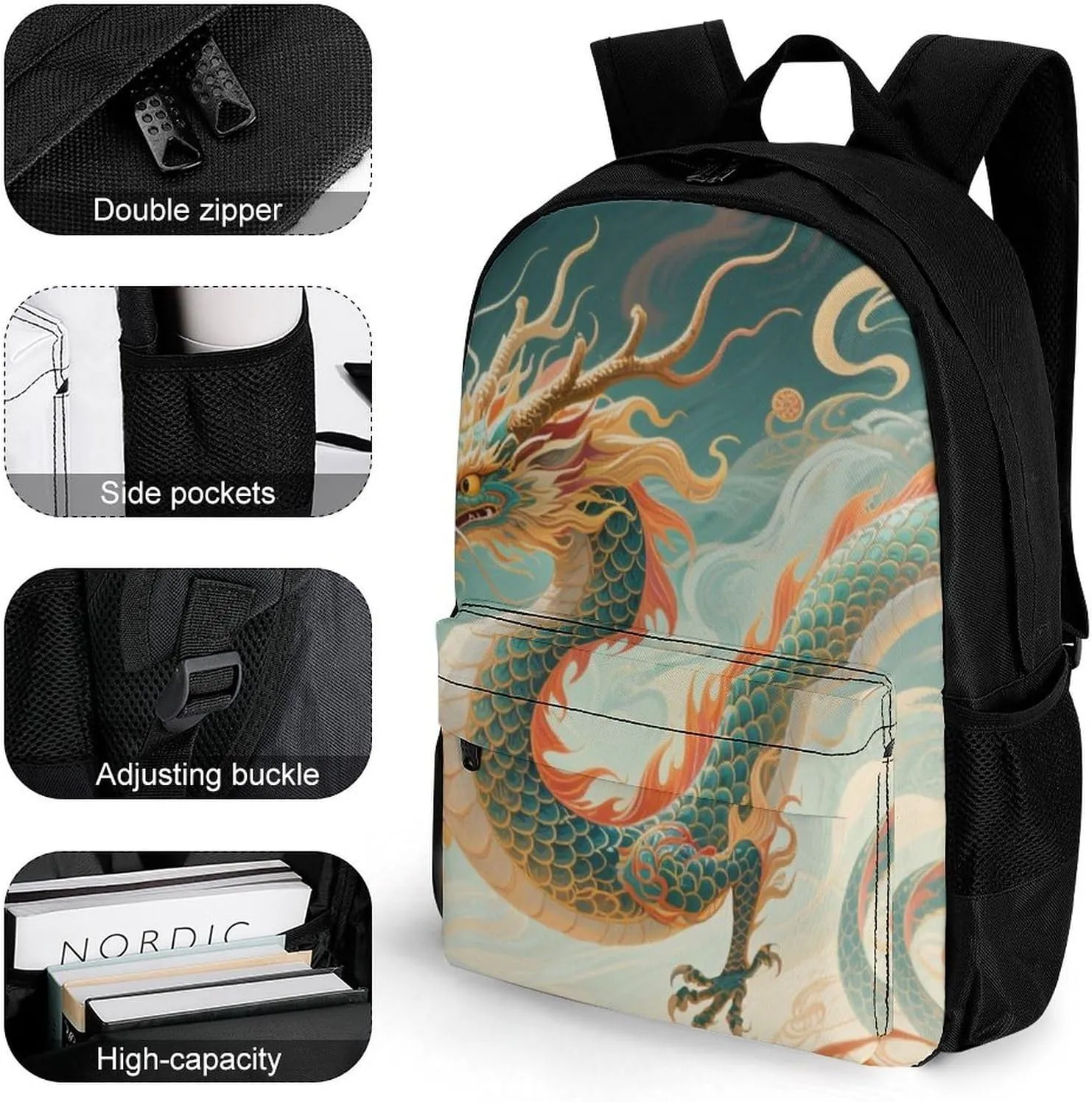Polyester Daypack for Camping Travel Walking Cycling - Big Capacity Anti-Theft Multipurpose Bookbag, Chinese Dragons Art Camping Outdoor Backpack