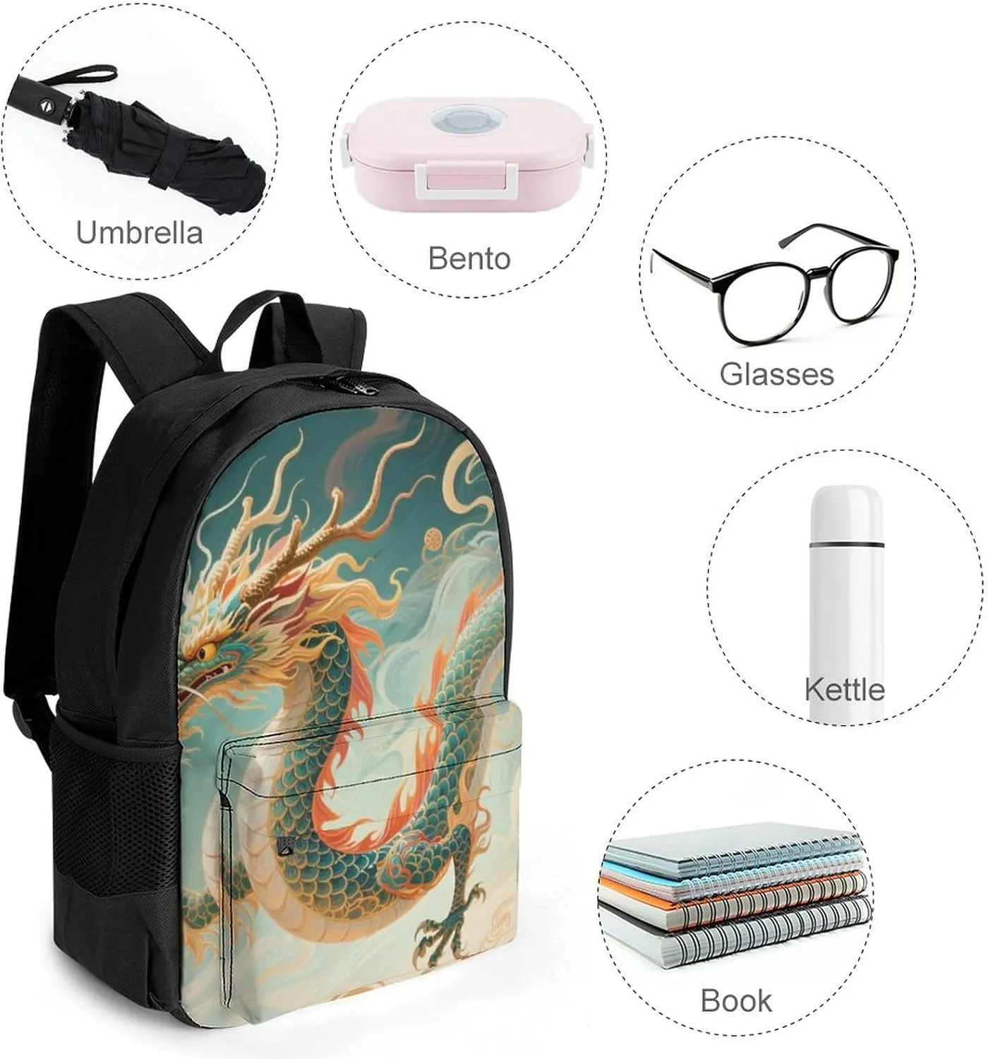 Polyester Daypack for Camping Travel Walking Cycling - Big Capacity Anti-Theft Multipurpose Bookbag, Chinese Dragons Art Camping Outdoor Backpack