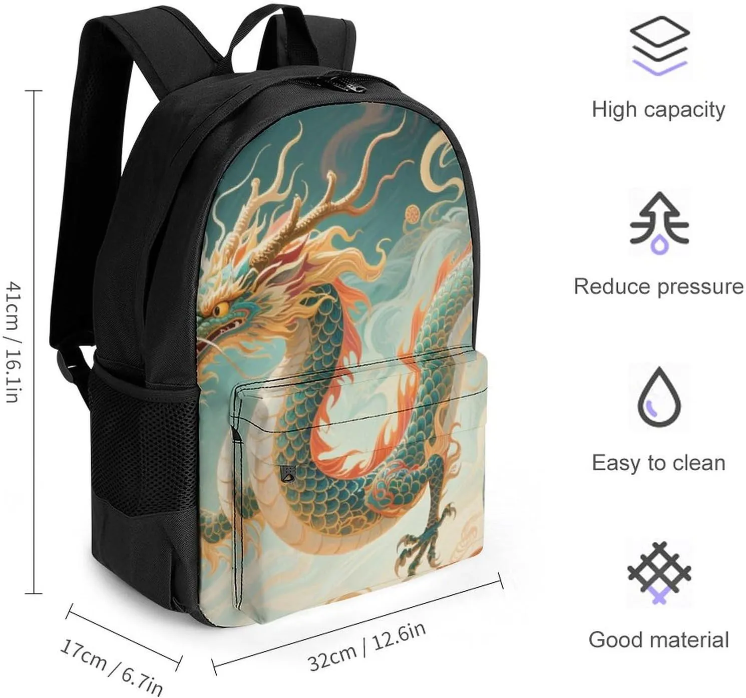 Polyester Daypack for Camping Travel Walking Cycling - Big Capacity Anti-Theft Multipurpose Bookbag, Chinese Dragons Art Camping Outdoor Backpack
