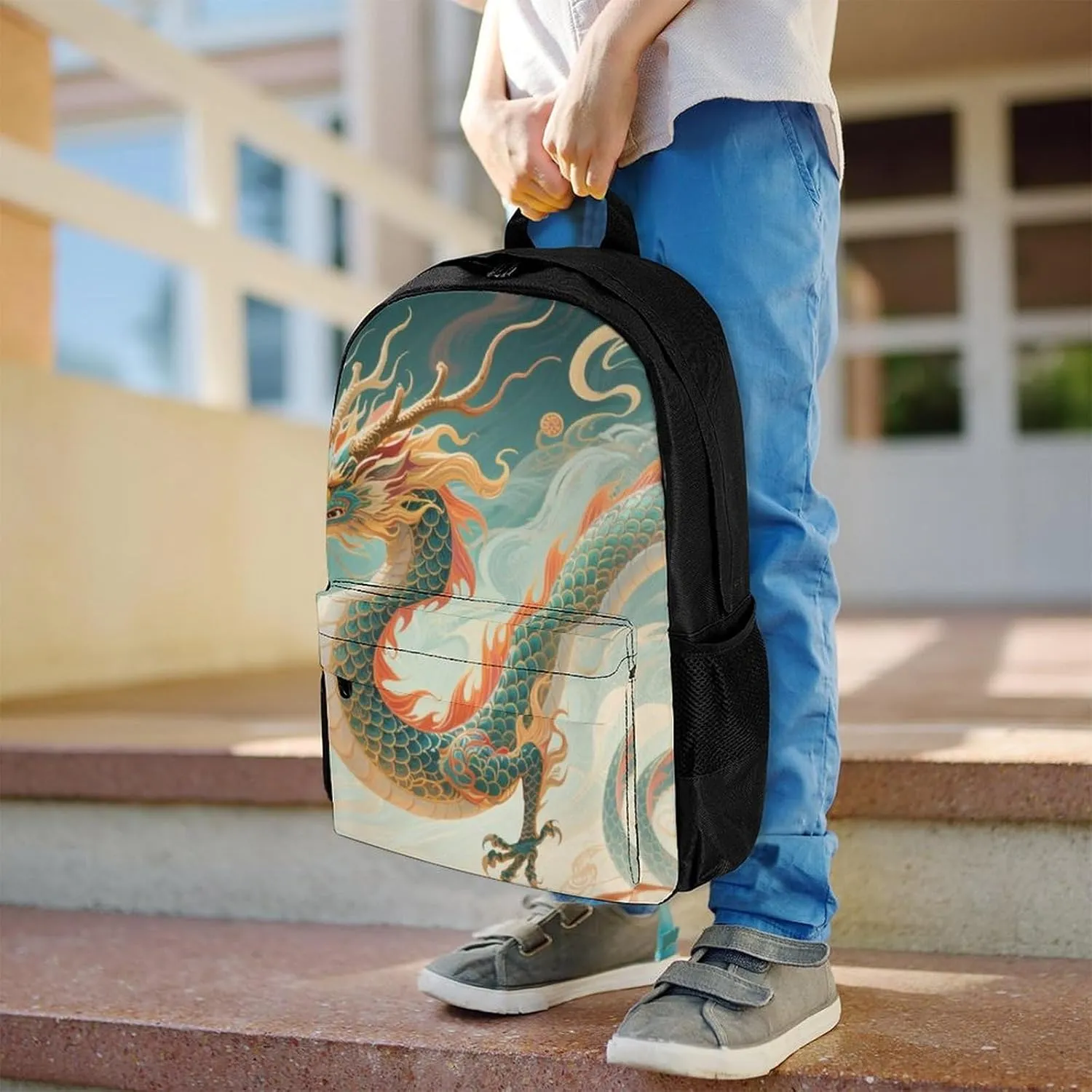 Polyester Daypack for Camping Travel Walking Cycling - Big Capacity Anti-Theft Multipurpose Bookbag, Chinese Dragons Art Camping Outdoor Backpack