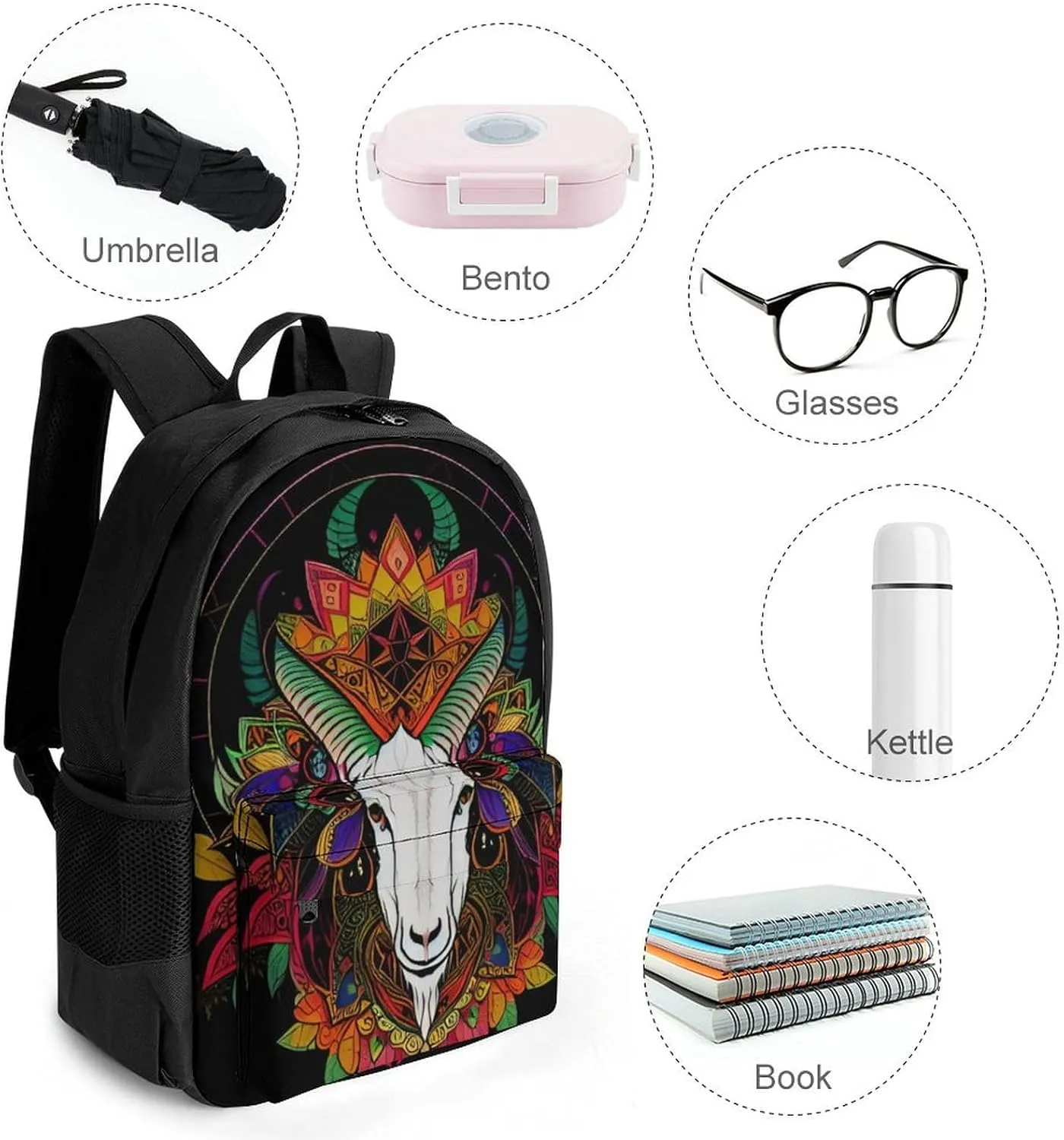 Polyester Daypack for Camping Travel Walking Cycling - Big Capacity Anti-Theft Multipurpose Bookbag, Psychedelic Goat Skull Art Camping Outdoor Backpack