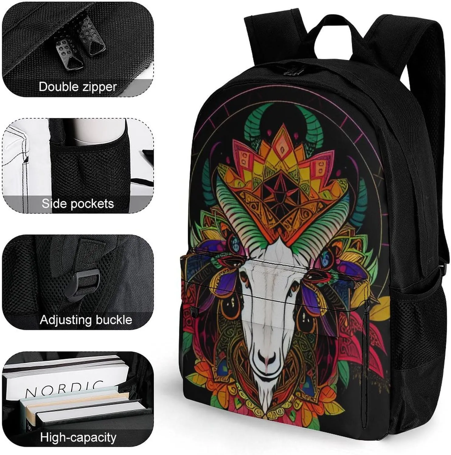 Polyester Daypack for Camping Travel Walking Cycling - Big Capacity Anti-Theft Multipurpose Bookbag, Psychedelic Goat Skull Art Camping Outdoor Backpack