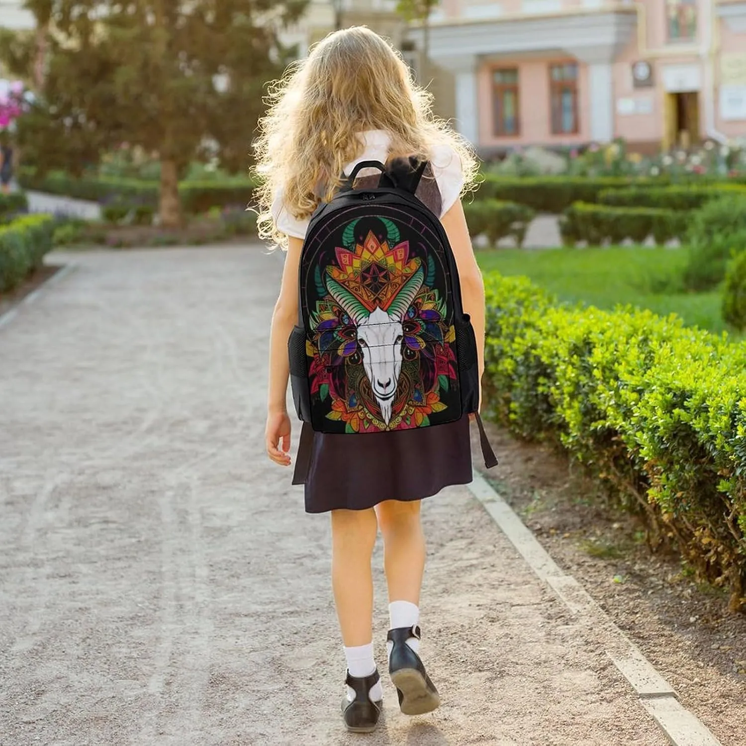 Polyester Daypack for Camping Travel Walking Cycling - Big Capacity Anti-Theft Multipurpose Bookbag, Psychedelic Goat Skull Art Camping Outdoor Backpack