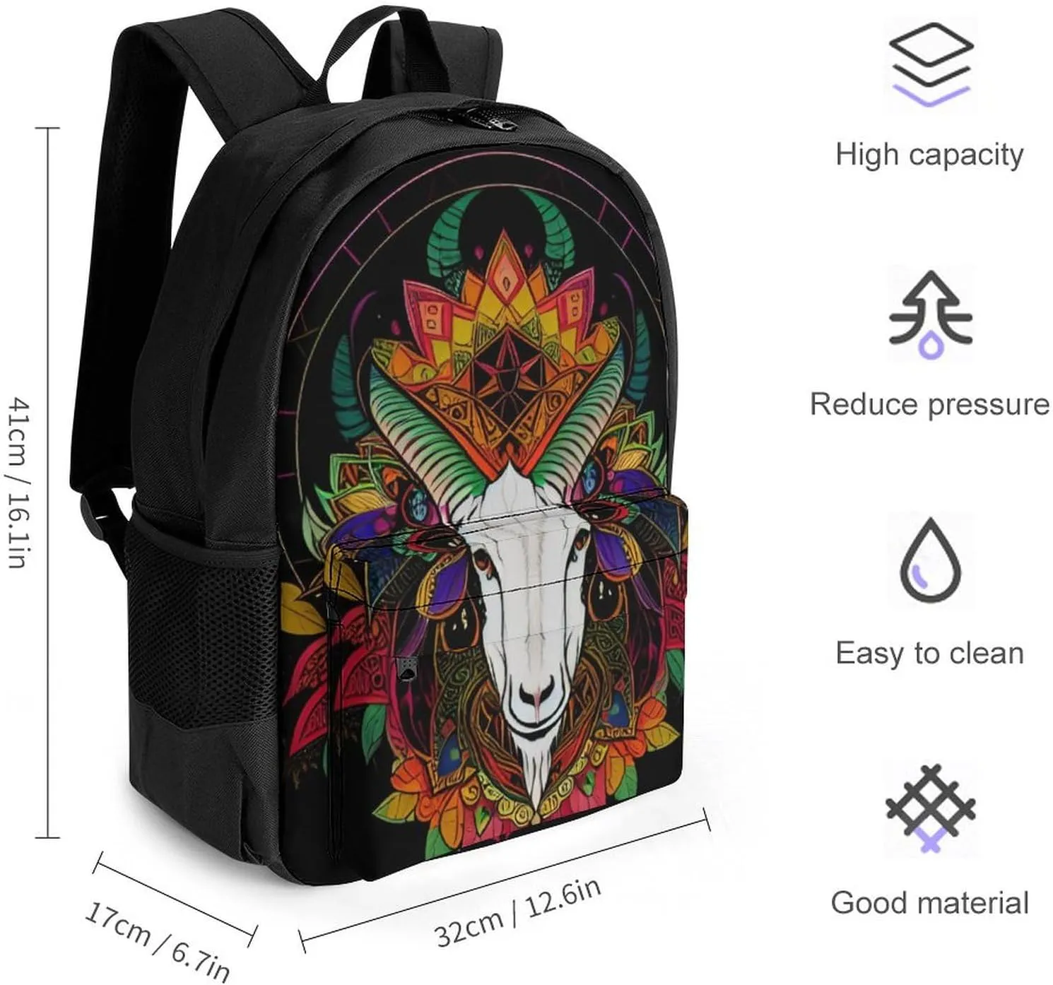 Polyester Daypack for Camping Travel Walking Cycling - Big Capacity Anti-Theft Multipurpose Bookbag, Psychedelic Goat Skull Art Camping Outdoor Backpack
