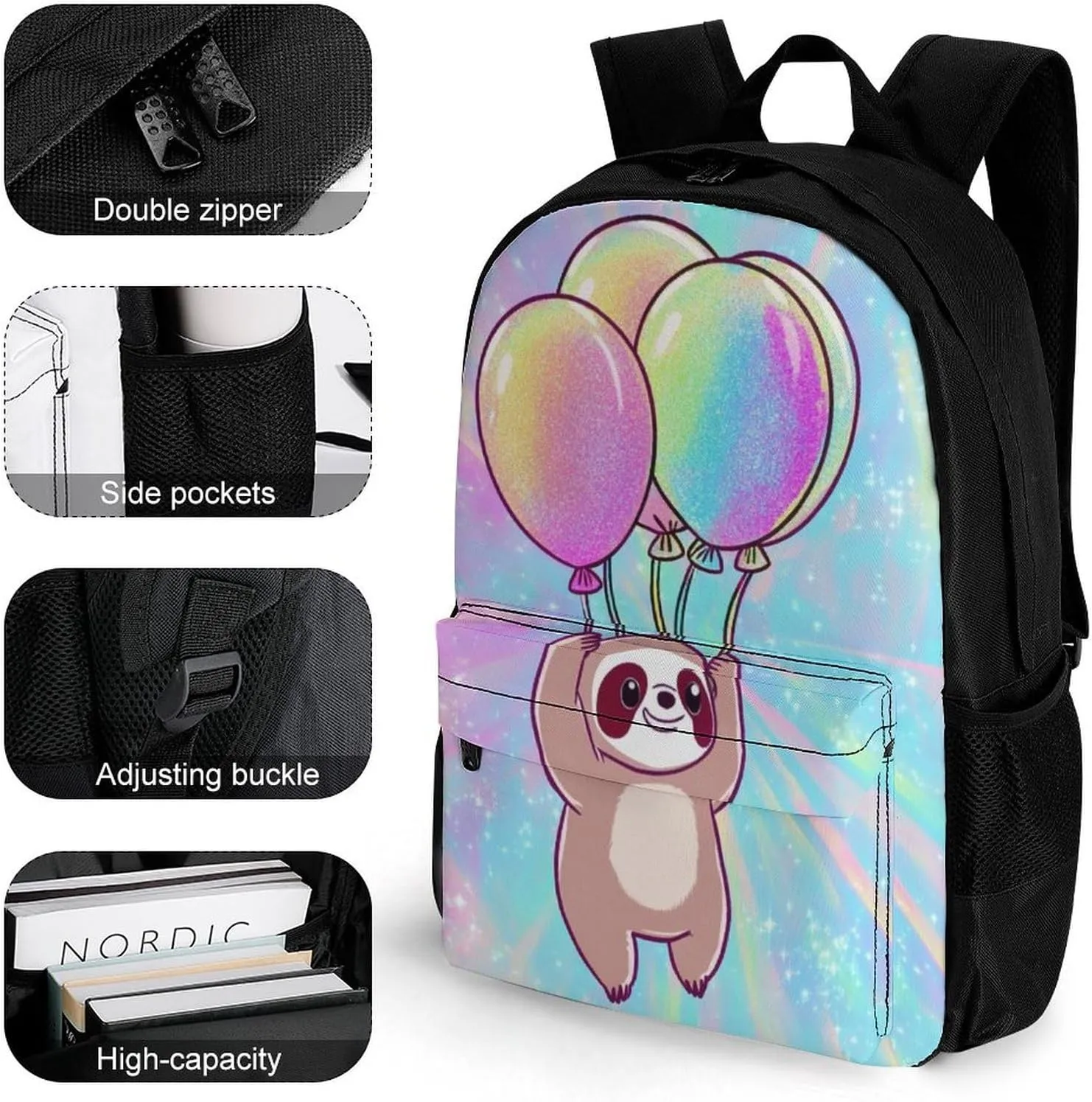 Polyester Daypack for Hiking Work Running - Big Capacity Anti-Theft Multipurpose Shoulder Bag, Balloon Sloth Rainbow Travel and Sport Backpack Rucksack