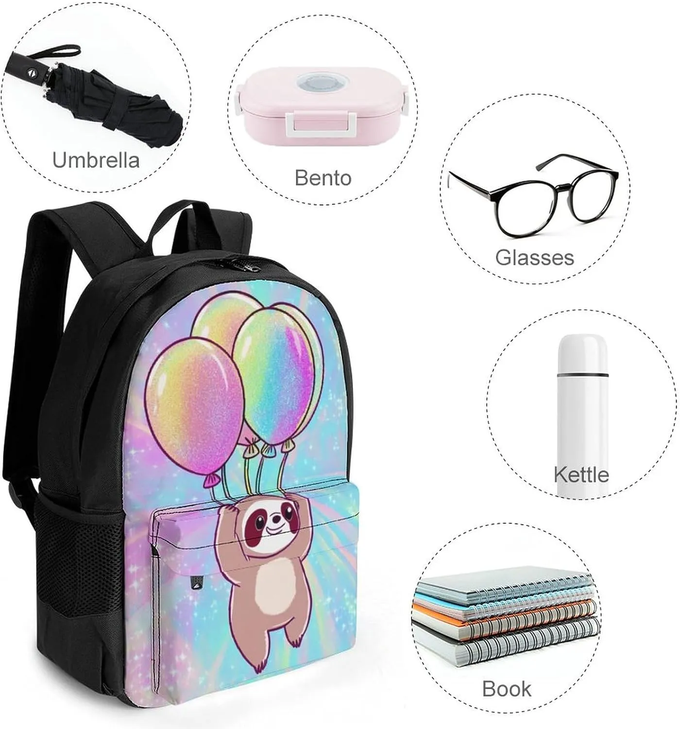 Polyester Daypack for Hiking Work Running - Big Capacity Anti-Theft Multipurpose Shoulder Bag, Balloon Sloth Rainbow Travel and Sport Backpack Rucksack