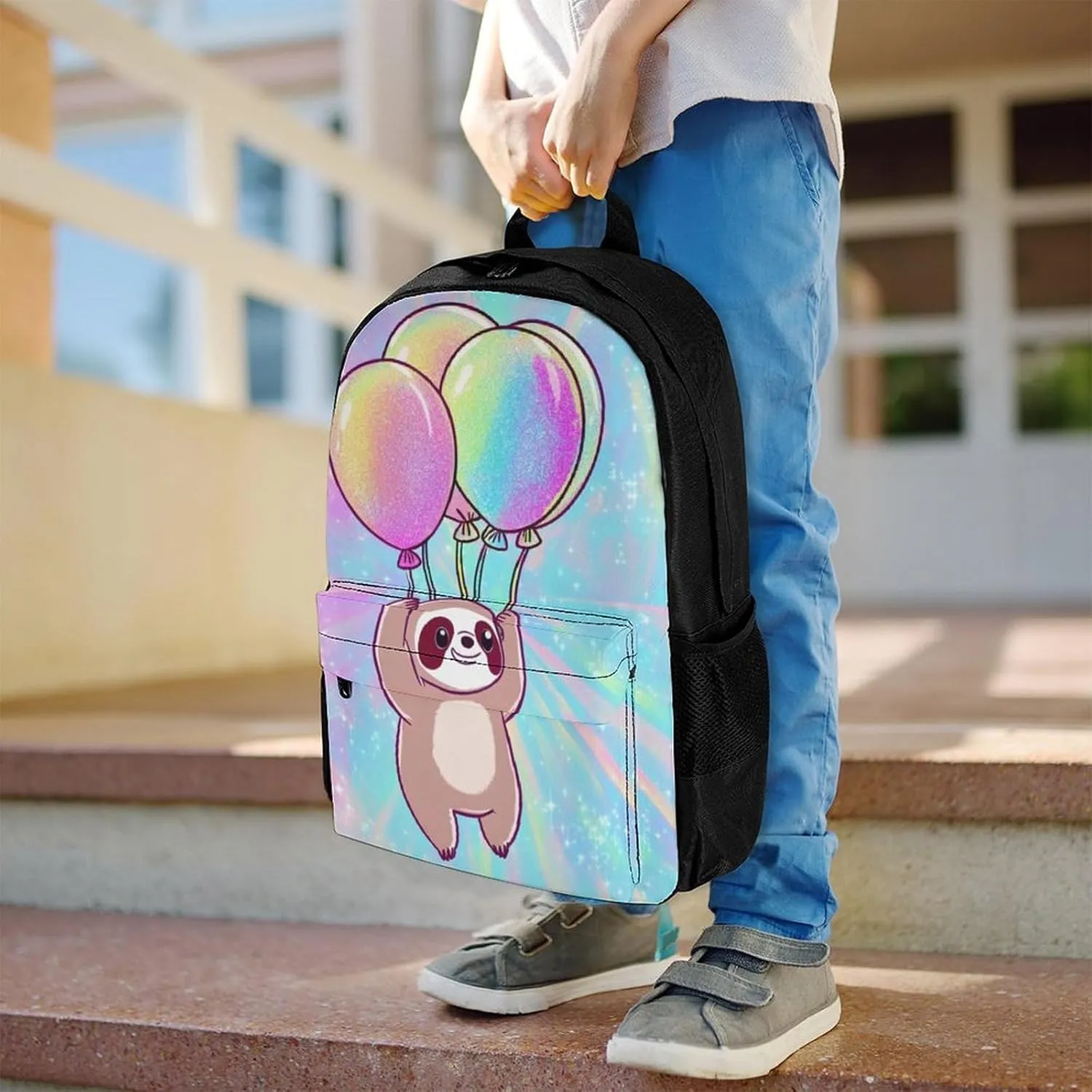 Polyester Daypack for Hiking Work Running - Big Capacity Anti-Theft Multipurpose Shoulder Bag, Balloon Sloth Rainbow Travel and Sport Backpack Rucksack