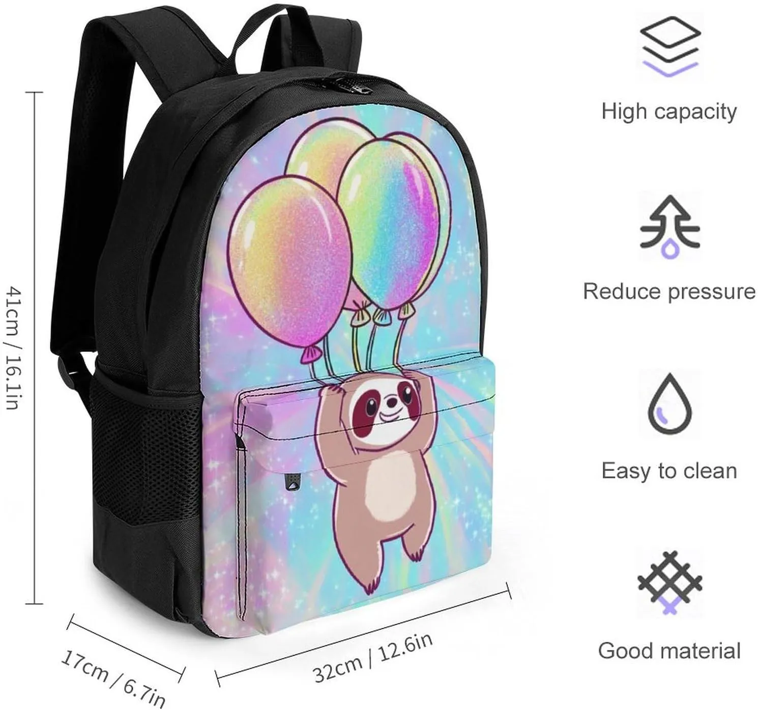 Polyester Daypack for Hiking Work Running - Big Capacity Anti-Theft Multipurpose Shoulder Bag, Balloon Sloth Rainbow Travel and Sport Backpack Rucksack