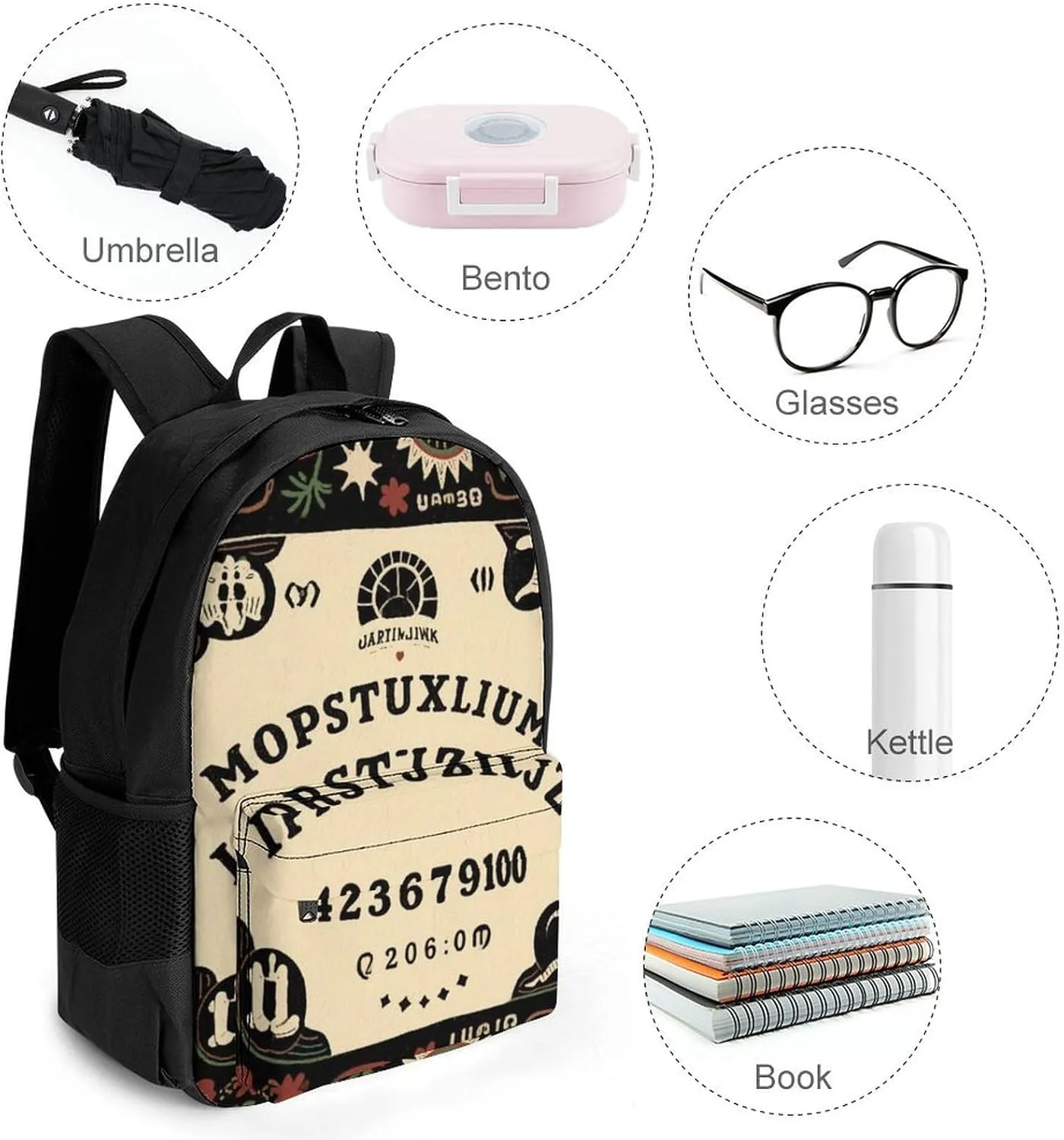 Polyester Daypack for Hiking Work Running - Big Capacity Anti-Theft Multipurpose Shoulder Bag, Magic Spirit Board Witch Art Travel and Sport Backpack Rucksack