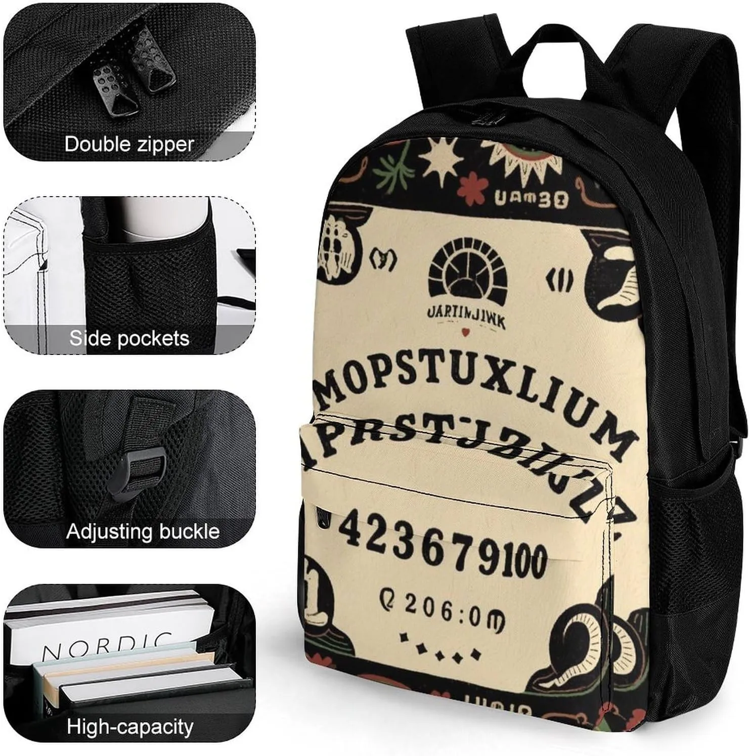 Polyester Daypack for Hiking Work Running - Big Capacity Anti-Theft Multipurpose Shoulder Bag, Magic Spirit Board Witch Art Travel and Sport Backpack Rucksack