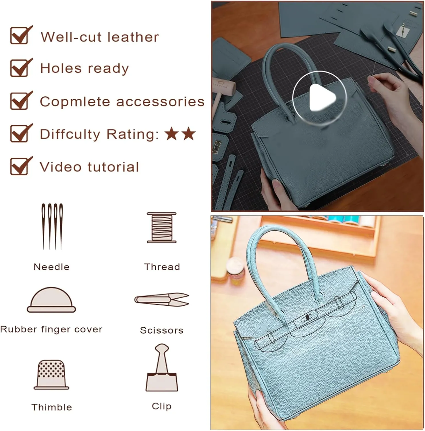 POPSEWING Leather Crossbody DIY Bag Kit, Designer Handbags for Women, DIY Bag Kit for Girls, Shoulder Bag Leather Working Kit with Sewing Kit for Girlfriend Christmas Personalized Gift (Blue)