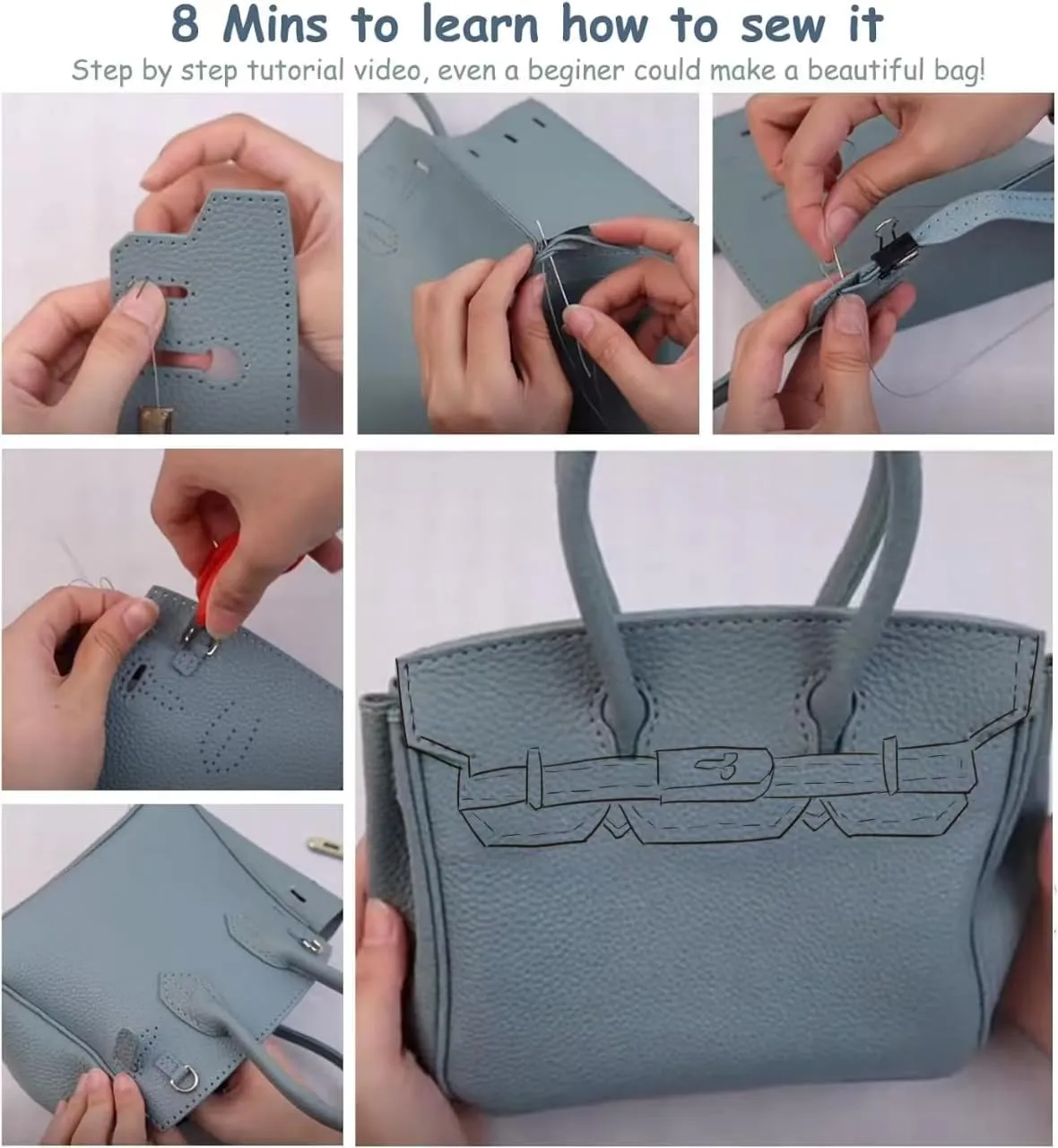 POPSEWING Leather Crossbody DIY Bag Kit, Designer Handbags for Women, DIY Bag Kit for Girls, Shoulder Bag Leather Working Kit with Sewing Kit for Girlfriend Christmas Personalized Gift (Blue)