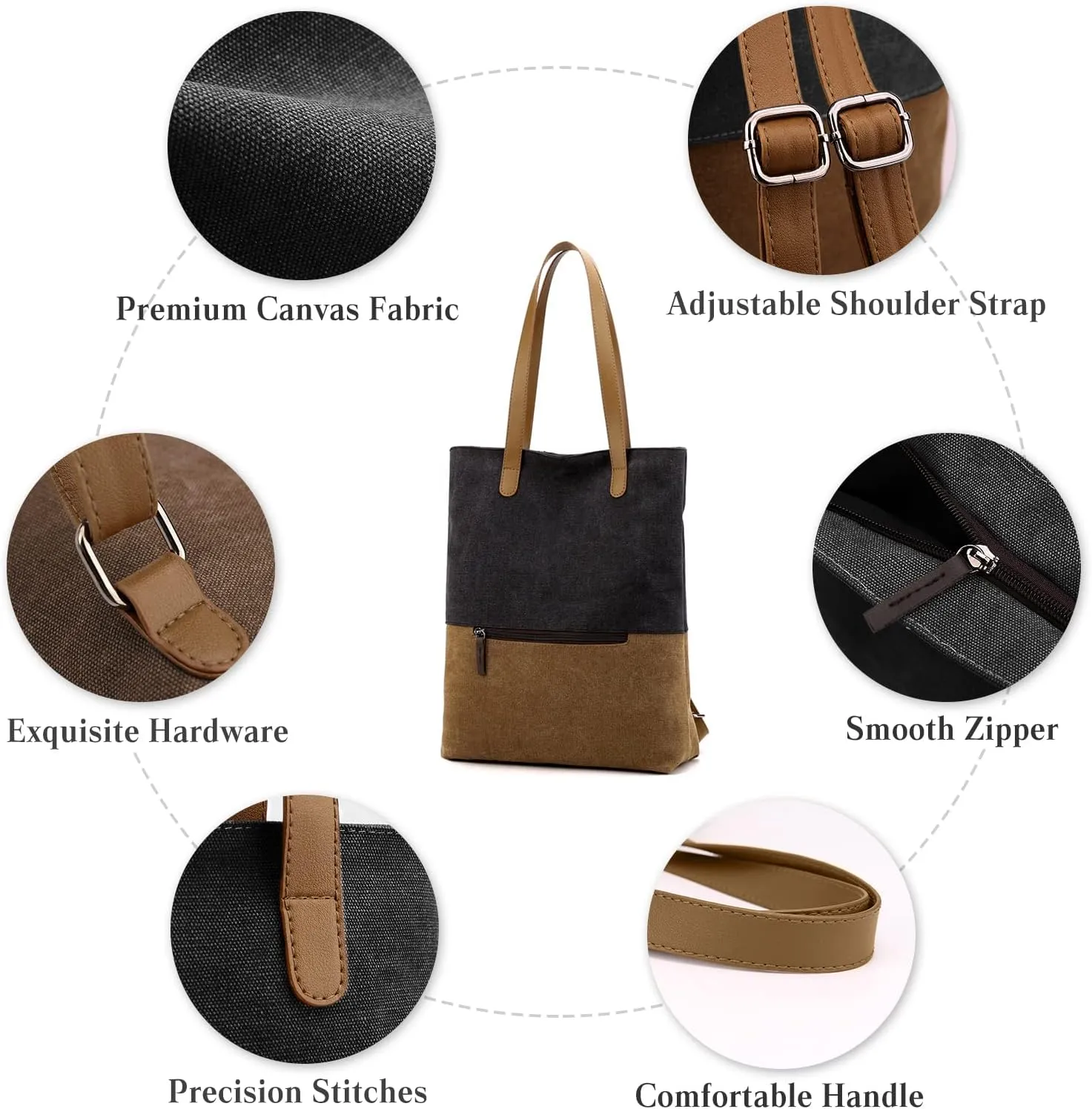 PORRASSO Women Tote Bag Canvas Backpack Shoulder Bag Ladies Multifunctional Handbag for Shopping Travel Work Daily Use Black