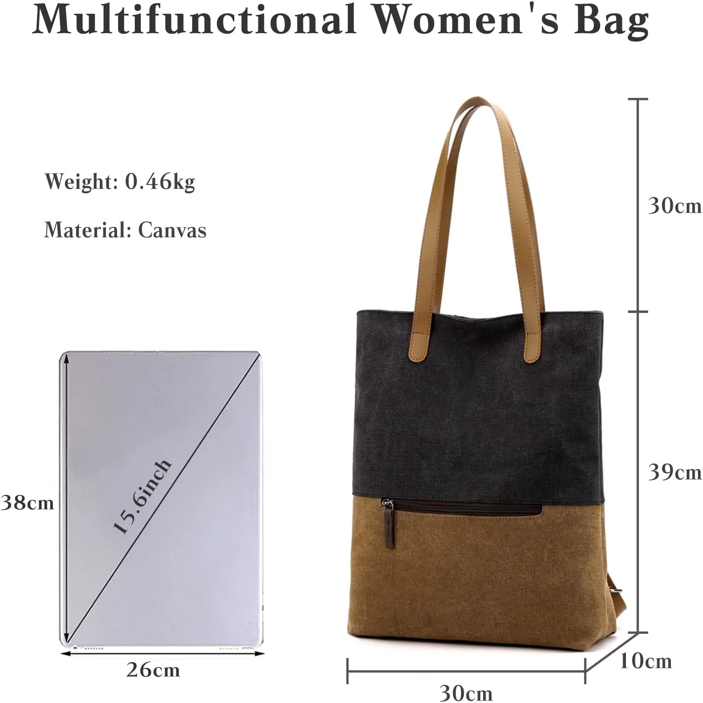PORRASSO Women Tote Bag Canvas Backpack Shoulder Bag Ladies Multifunctional Handbag for Shopping Travel Work Daily Use Black