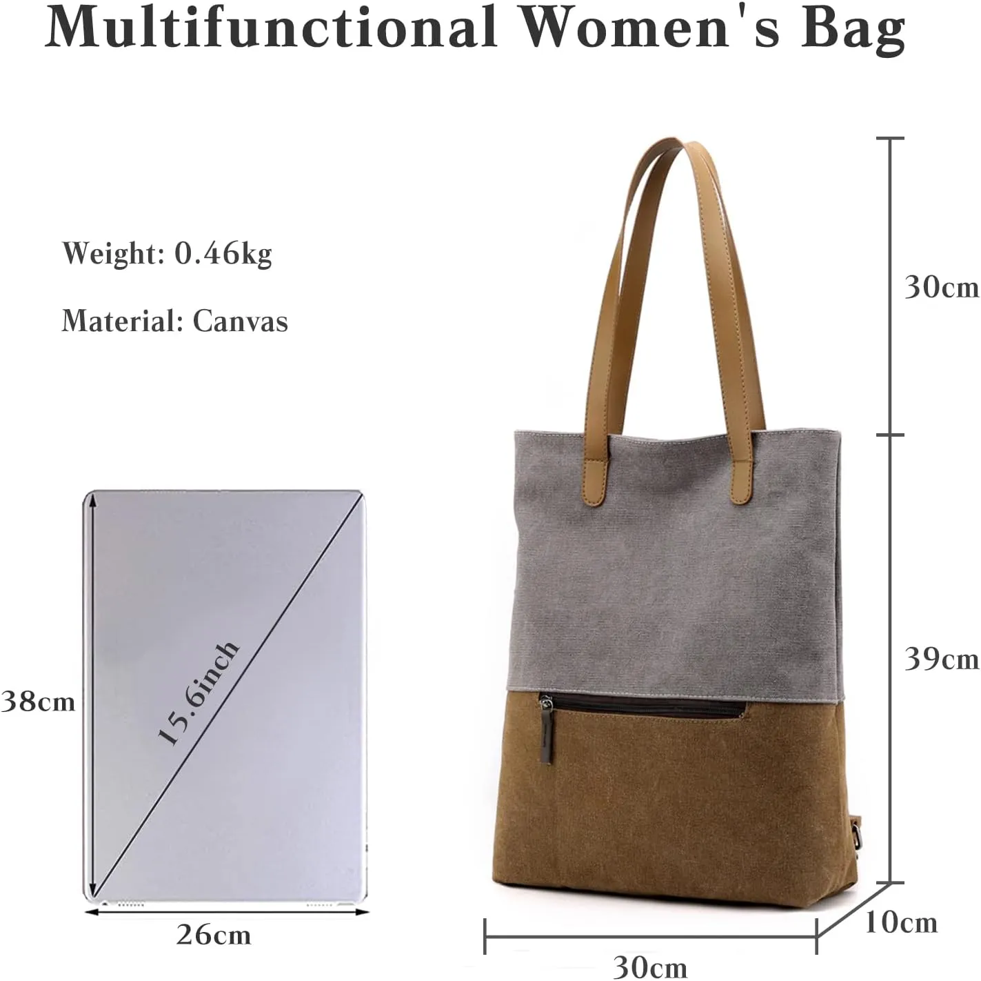 PORRASSO Women Tote Bag Canvas Backpack Shoulder Bag Ladies Multifunctional Handbag for Shopping Travel Work Daily Use Grey