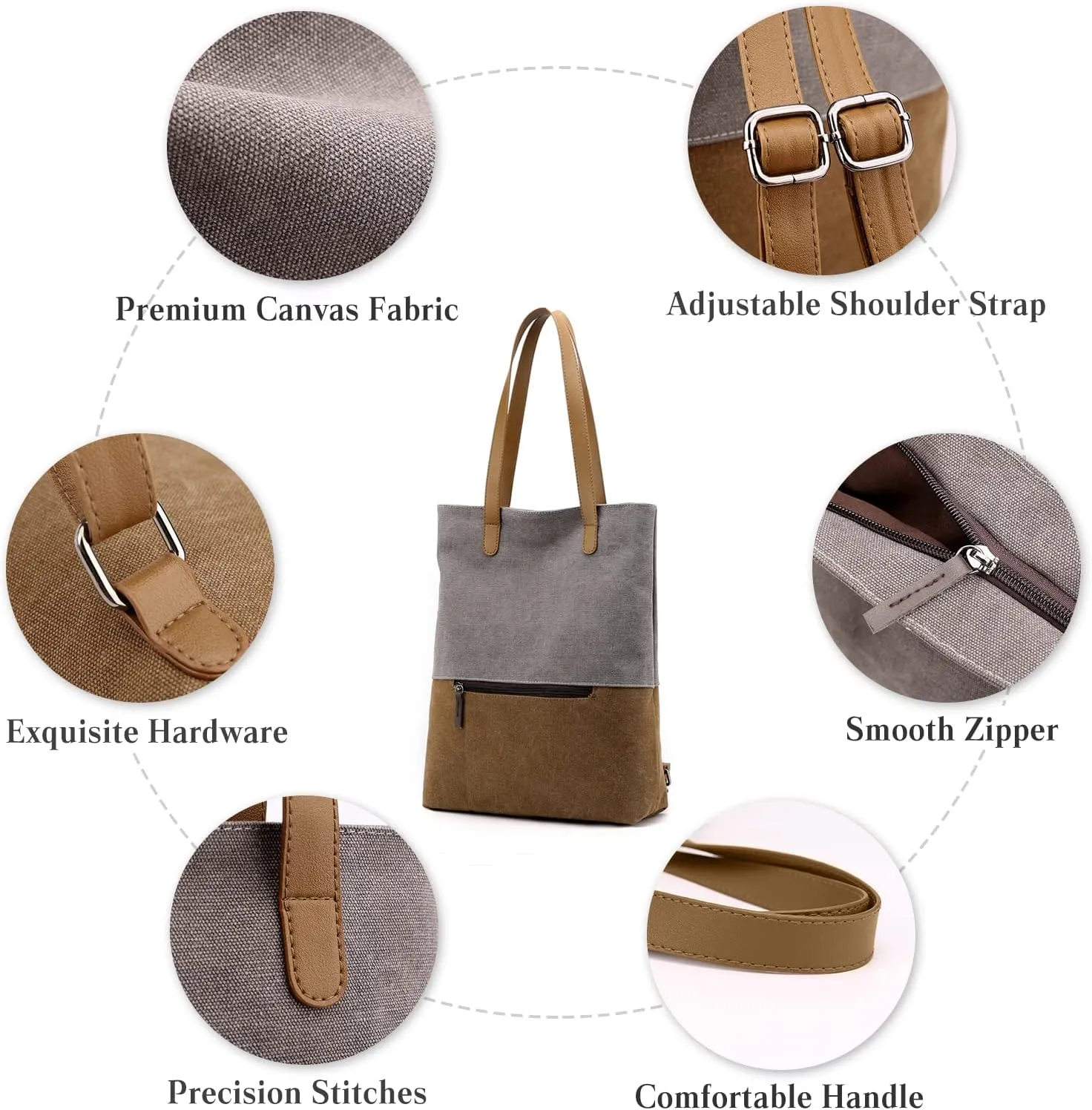 PORRASSO Women Tote Bag Canvas Backpack Shoulder Bag Ladies Multifunctional Handbag for Shopping Travel Work Daily Use Grey