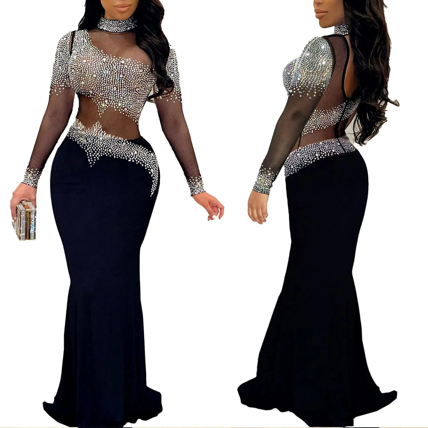 PORRCEY Women Sexy Elegant Rhinestone Mesh See Through Evening Dresses Party Club Night Clubwear