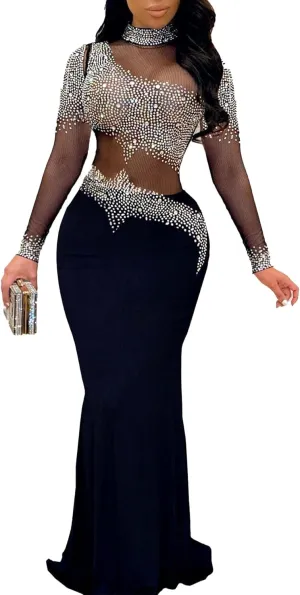 PORRCEY Women Sexy Elegant Rhinestone Mesh See Through Evening Dresses Party Club Night Clubwear
