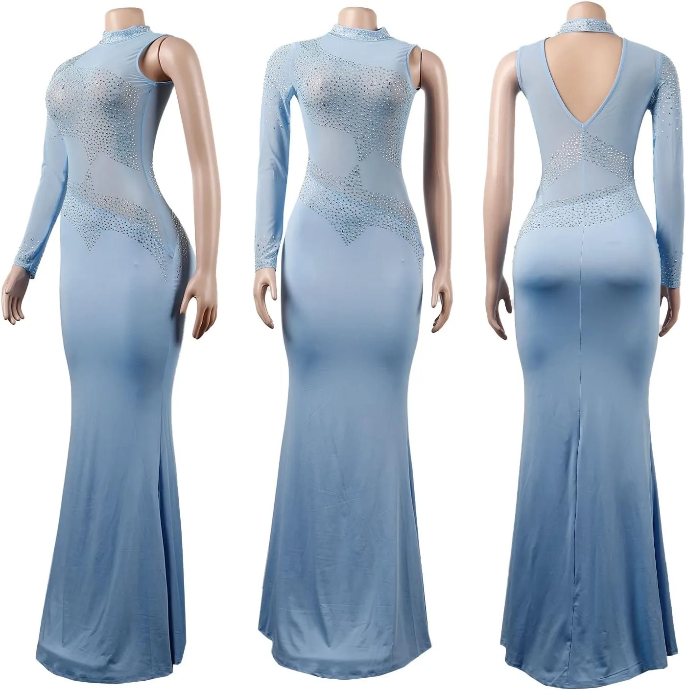 PORRCEY Women Sexy Elegant Rhinestone Mesh See Through Evening Dresses Party Club Night Clubwear