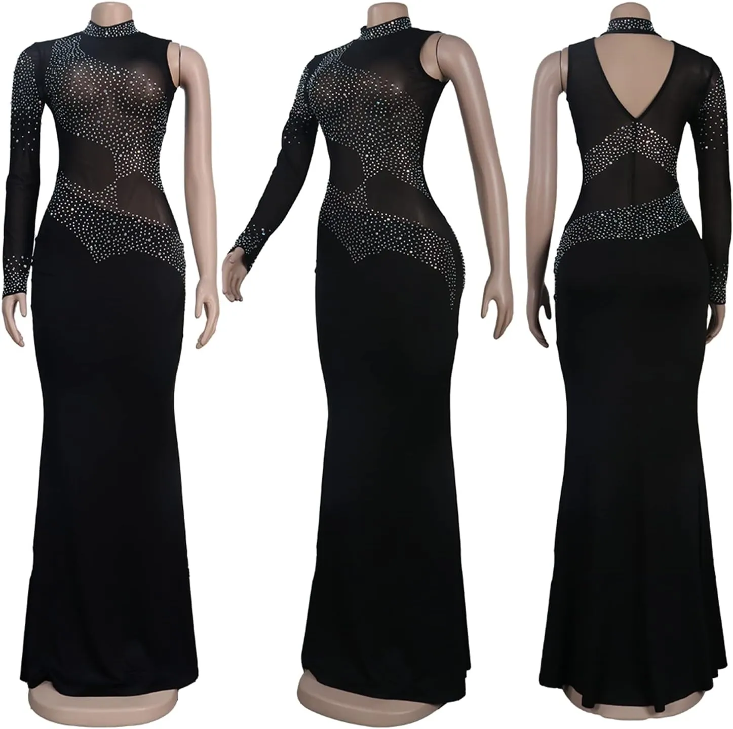 PORRCEY Women Sexy Elegant Rhinestone Mesh See Through Evening Dresses Party Club Night Clubwear