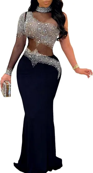 PORRCEY Women Sexy Elegant Rhinestone Mesh See Through Evening Dresses Party Club Night Clubwear