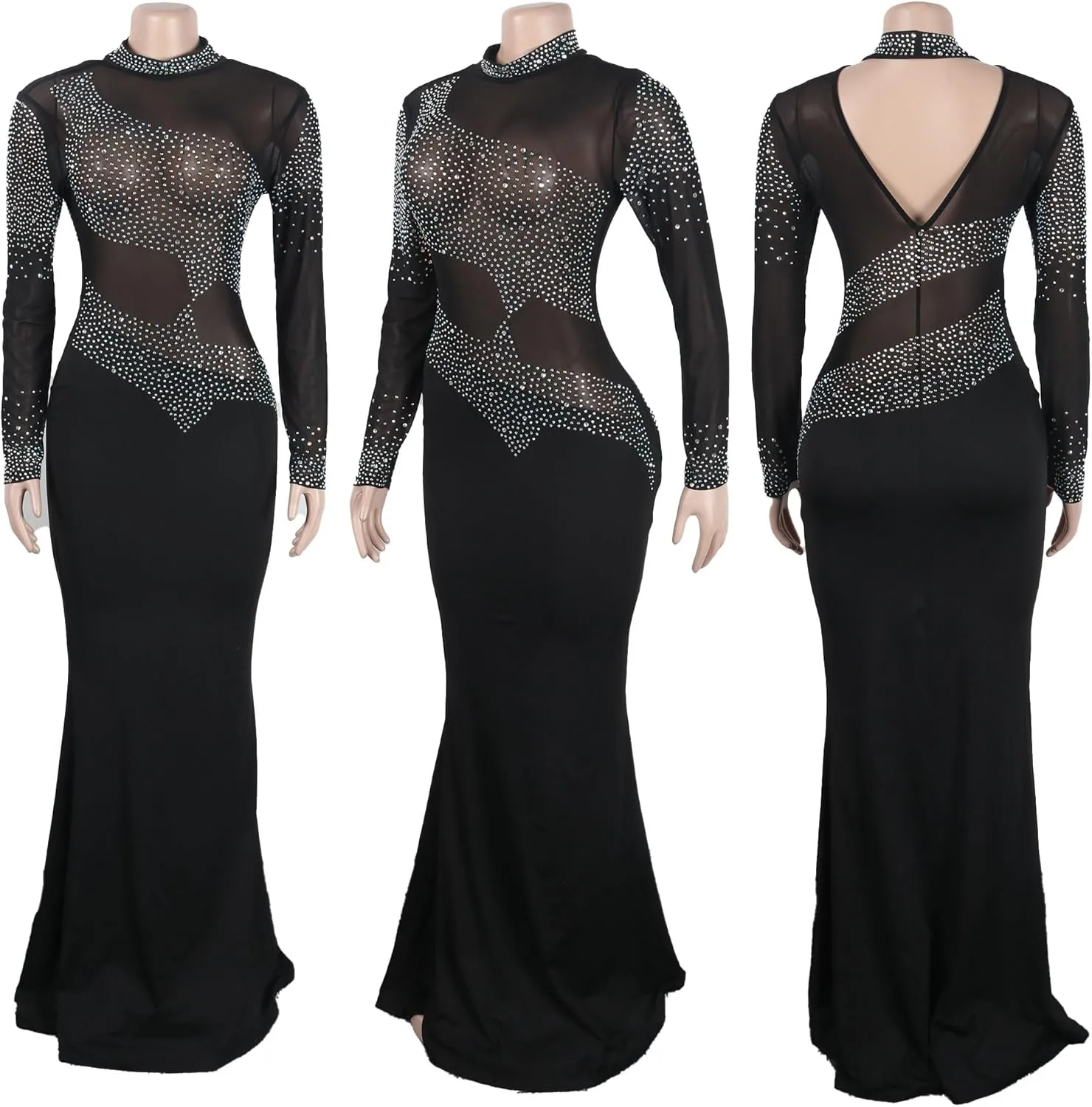 PORRCEY Women Sexy Elegant Rhinestone Mesh See Through Evening Dresses Party Club Night Clubwear